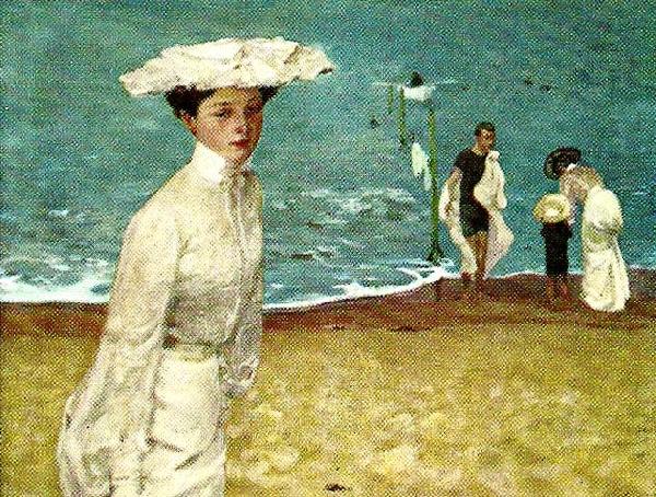 unknow artist woman in white on a beach Sweden oil painting art